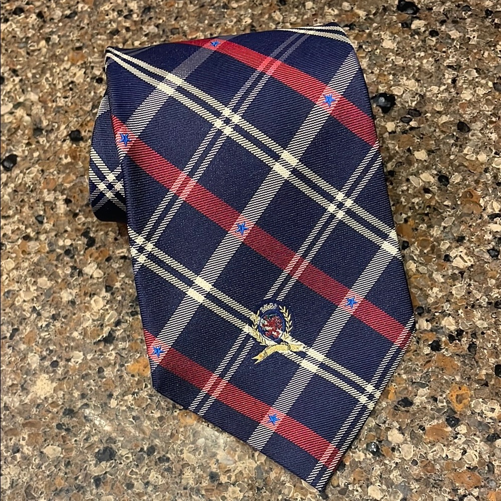 Vintage Tommy Hilfiger 100% Silk Red White & Blue Plaid Stars Tie